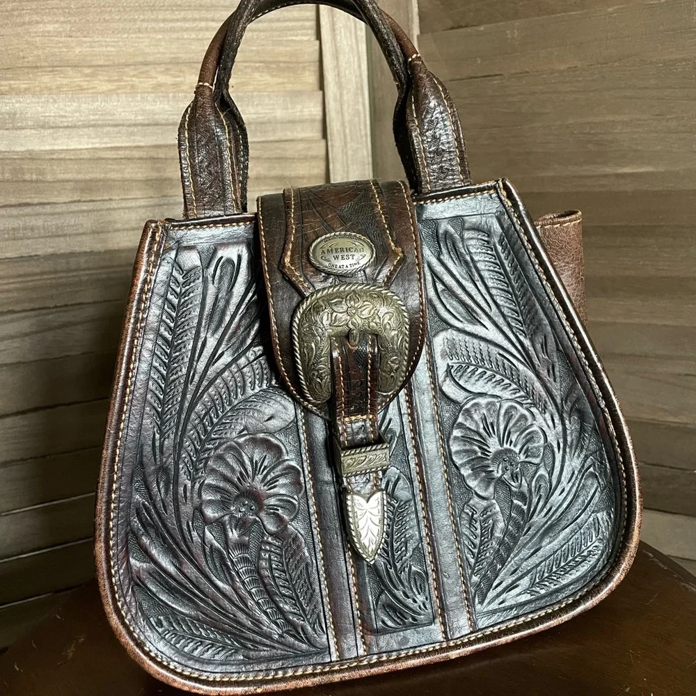 Vintage American West Western Tooled Leather Floral Satchel Tote Handbag Dark - Picture 4 of 10